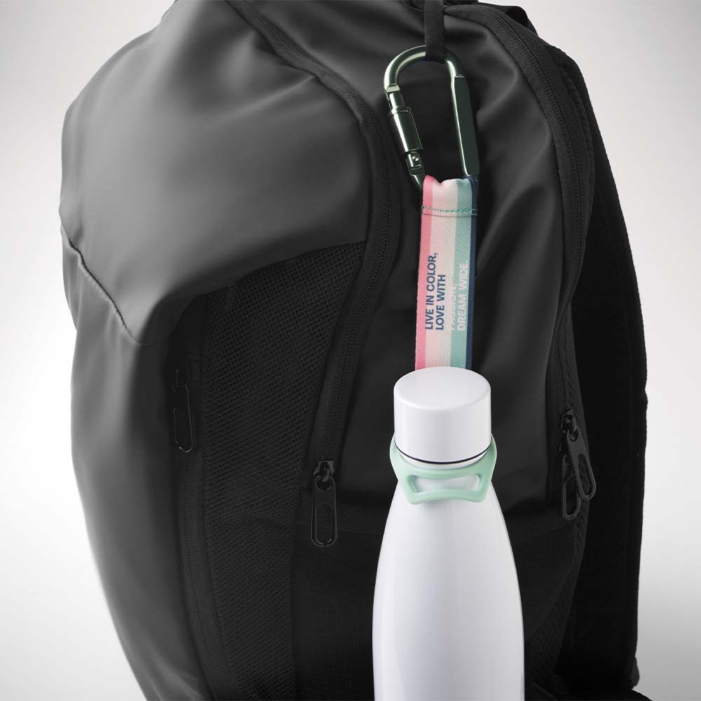 MLBH04 — Sublimated mineral water bottle carrier with carabiner