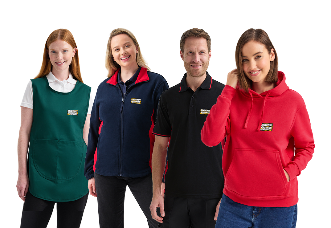 Examples of branded tunic, fleece, polo shirt and hoodie from the clothing range