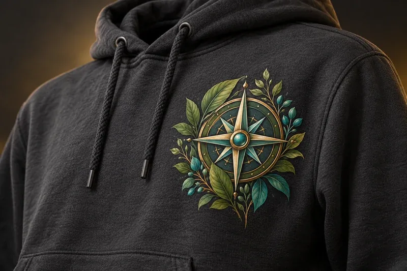 Illustrative charcoal hoodie with a colourful compass badge print