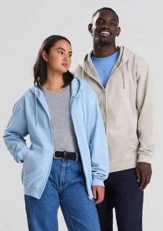 Two models wearing pale blue and light grey hooded layers