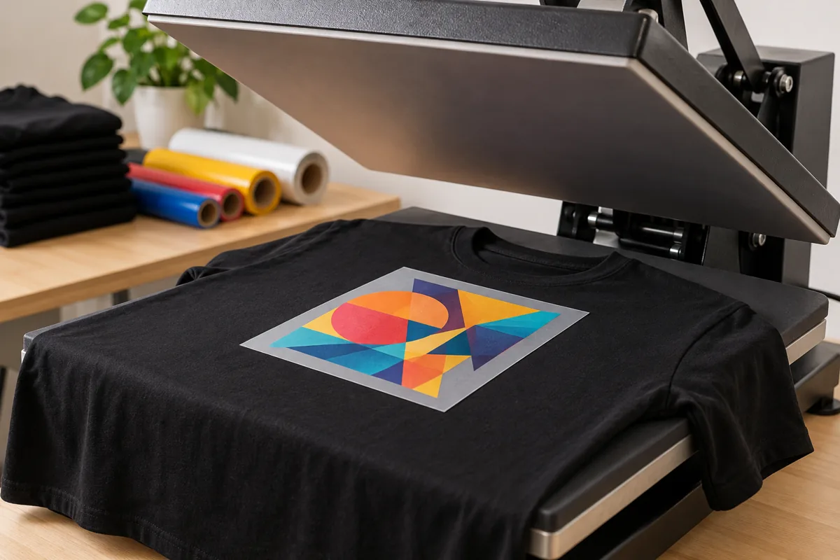 Illustrative heat press with a colourful transfer positioned on a black T-shirt