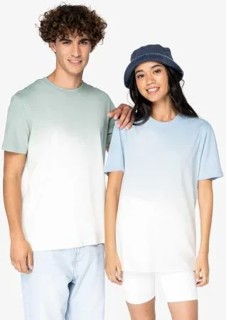 Two models wearing plain mint and pale blue T-shirts
